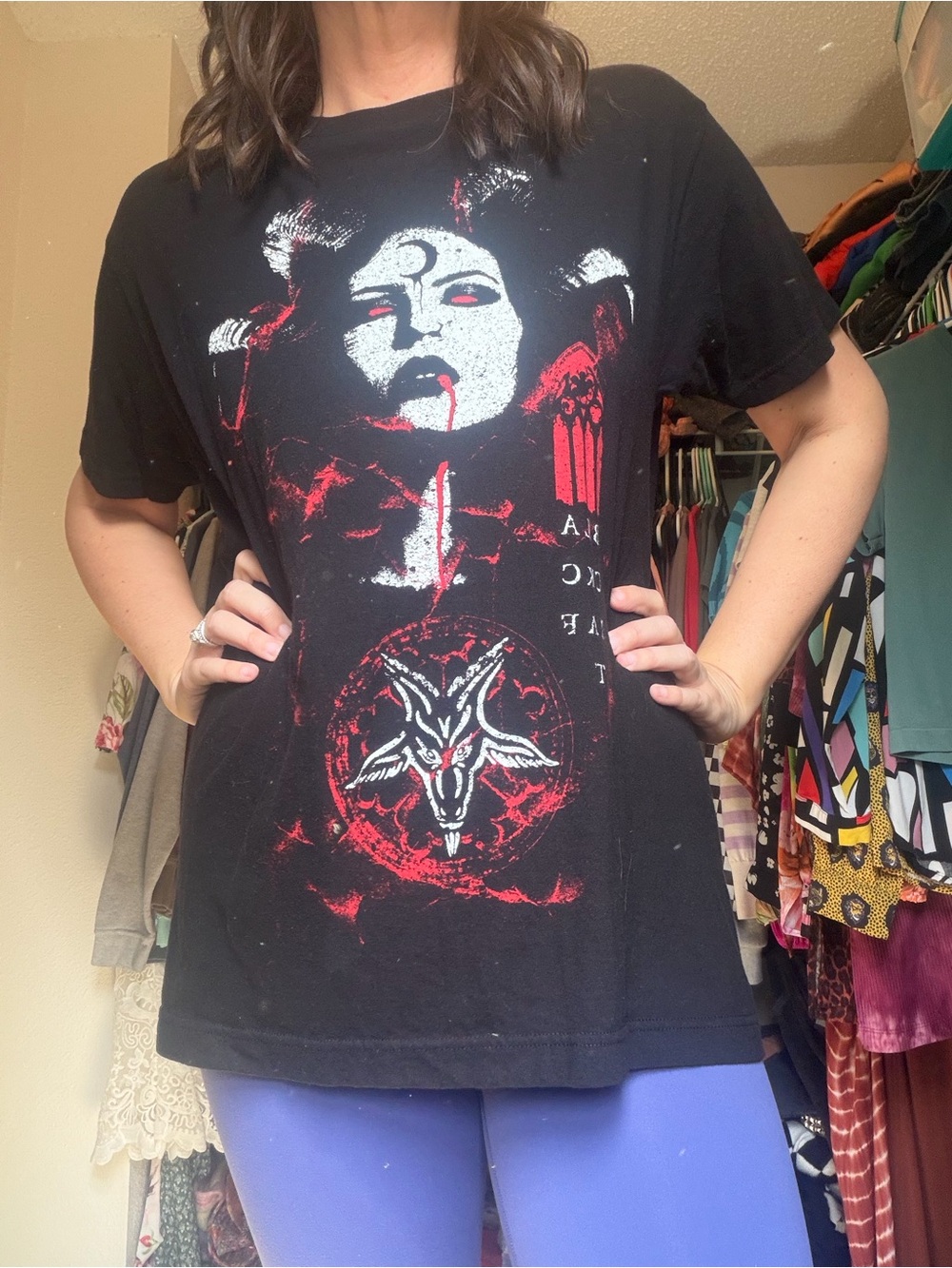 Black Graphic Men's T-Shirt with Red and White Occult Design